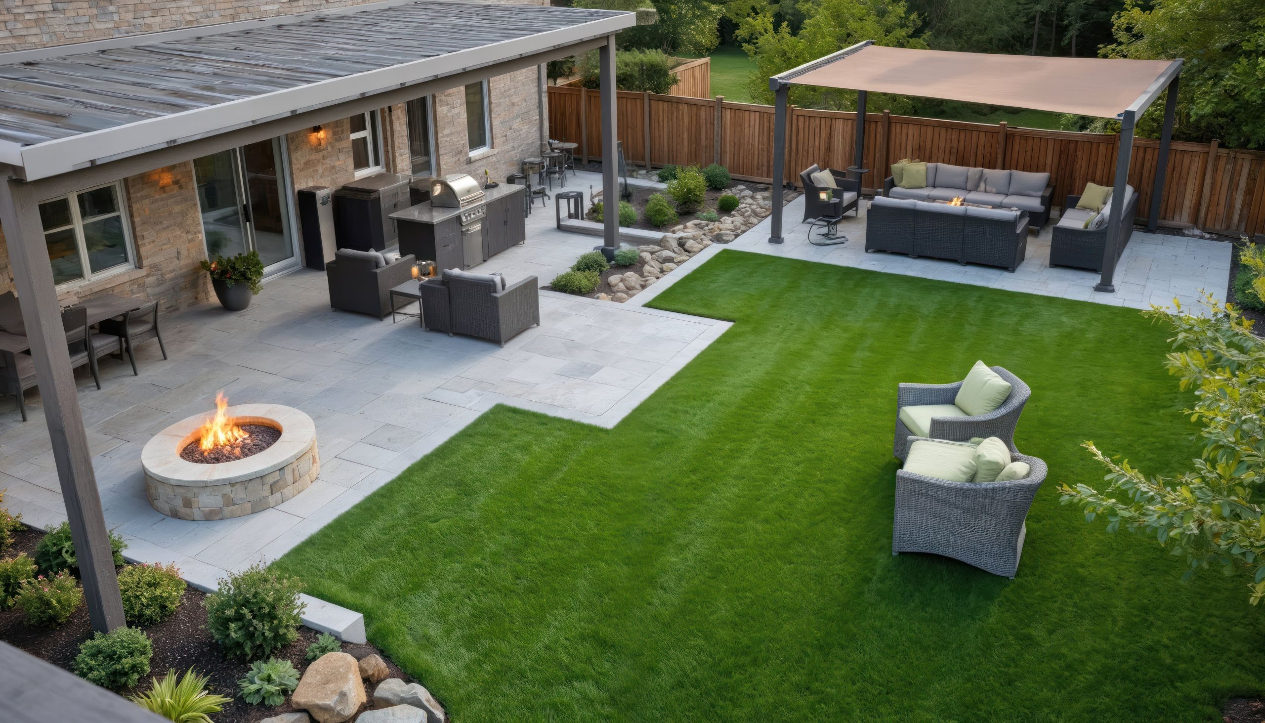 Beautiful backyard featuring synthetic grass, outdoor furniture, and a fire pit for relaxing outdoor.