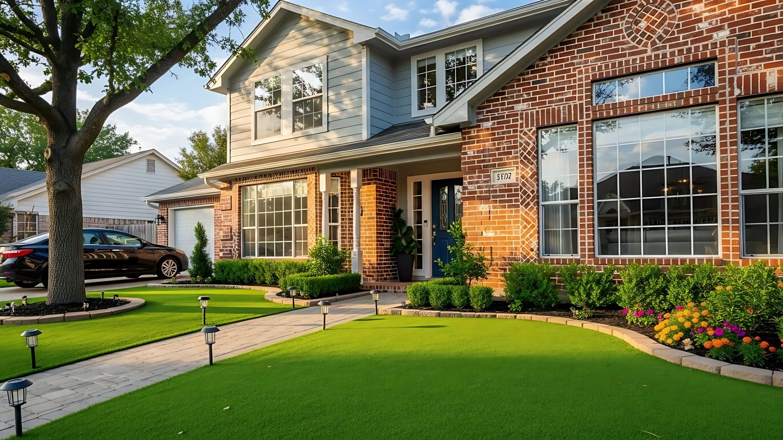 Synthetic grass installation in a residential yard with lush green turf and landscaped garden.