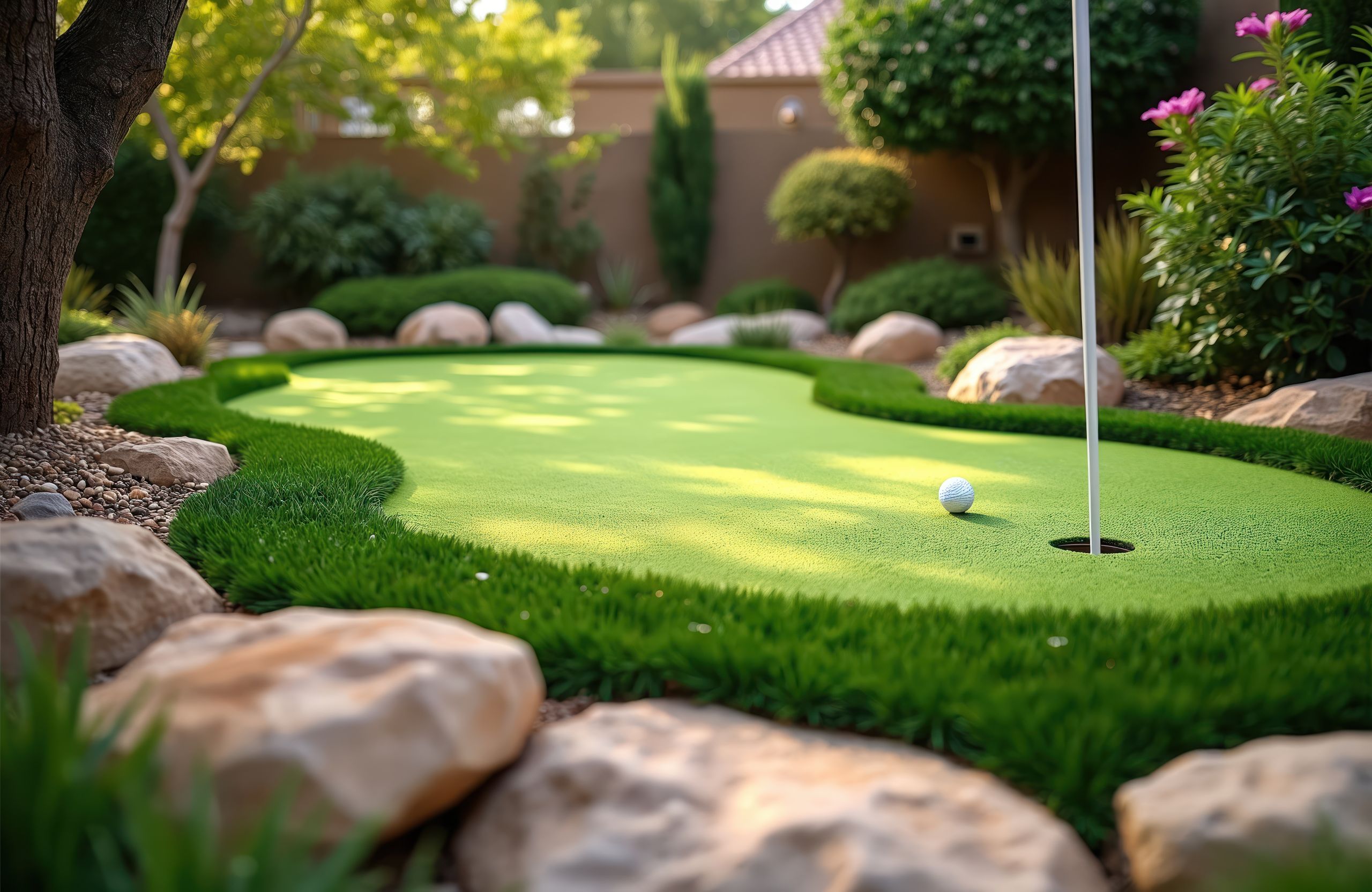 Artificial putting green with synthetic turf, golf ball, and flag in a landscaped backyard.