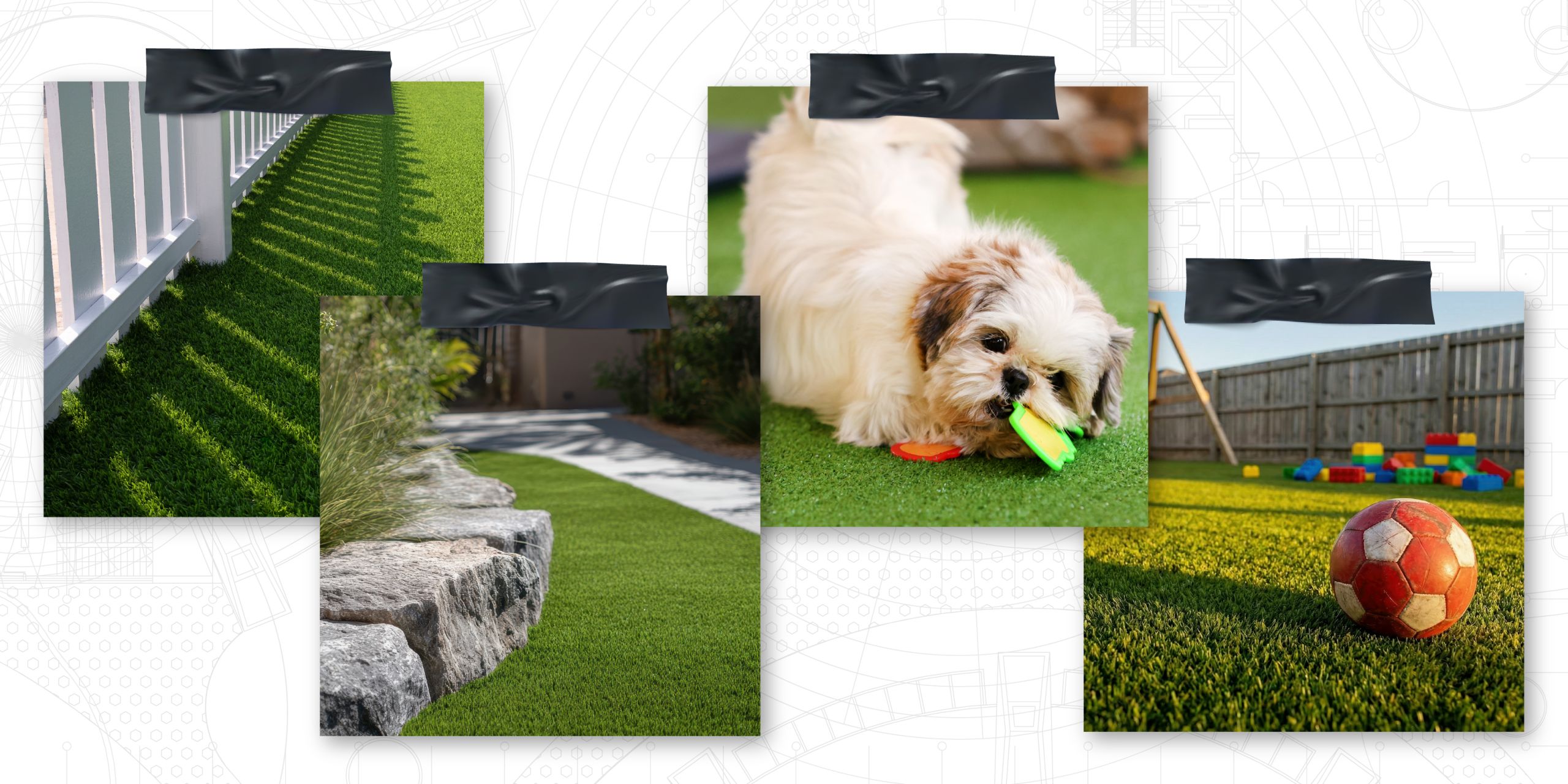 Artificial grass installed in side yard, perfect for dog runs and play zones.